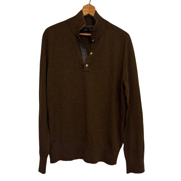 Banana Republic Men's Large Merino Wool Tipped Snap-Placket Sweater Dark Brown - Picture 2 of 9